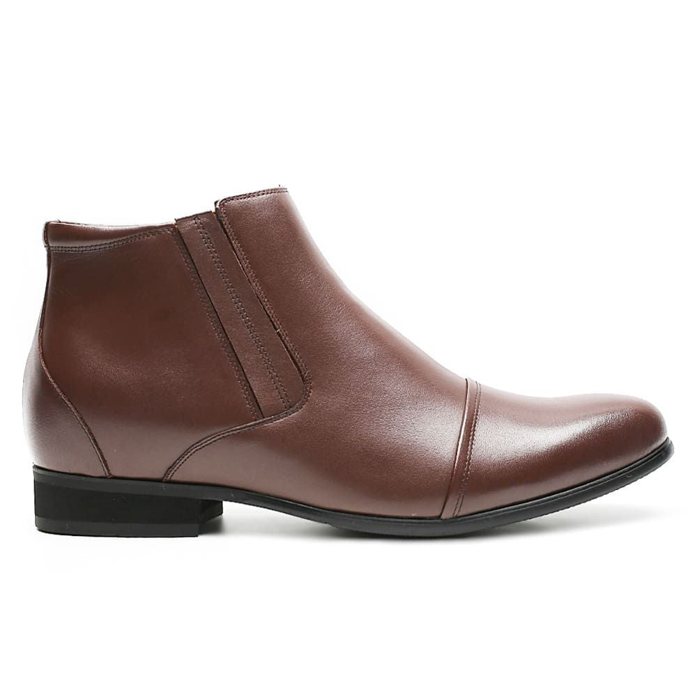 Side view of Mr. Ferras brown zip-up elevator boots showing 8 cm total height increase.