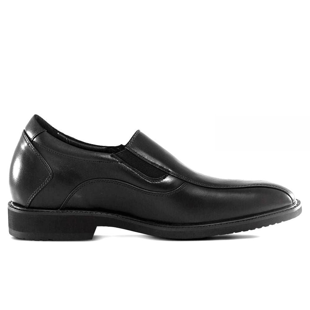 Mr. Haydn black leather slip-on dress shoes for men with 7cm hidden lift and wide fit design by JENNEN Shoes.