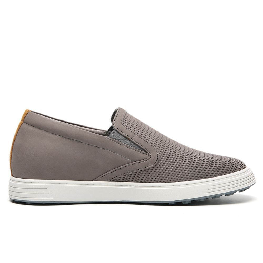 Mr. Schleiger grey leather men’s slip-on elevator sneakers with 6cm hidden lift and sleek skate-style design for casual and everyday wear.