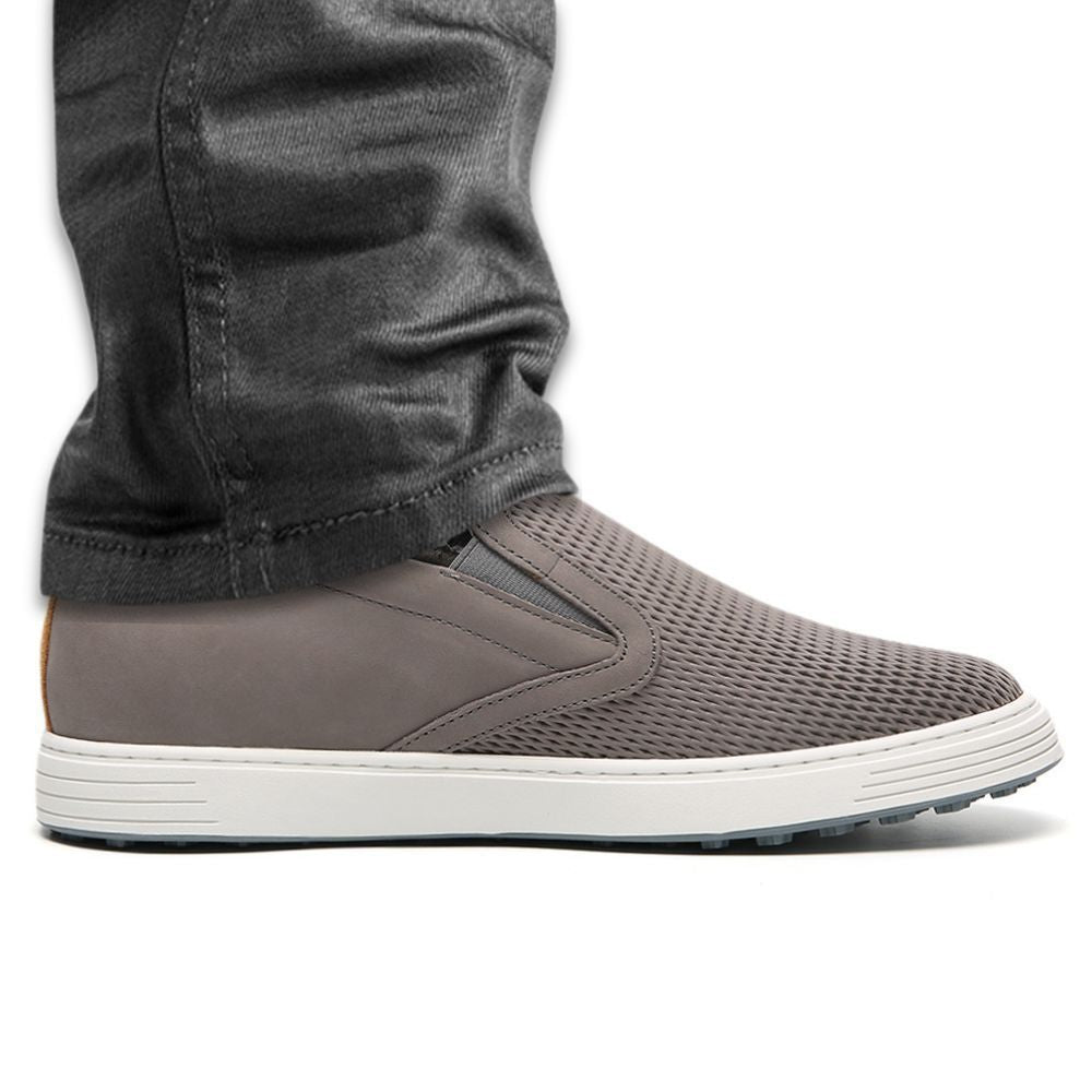 Mr. Schleiger grey leather men’s slip-on elevator sneakers with 6cm hidden lift and sleek skate-style design for casual and everyday wear.