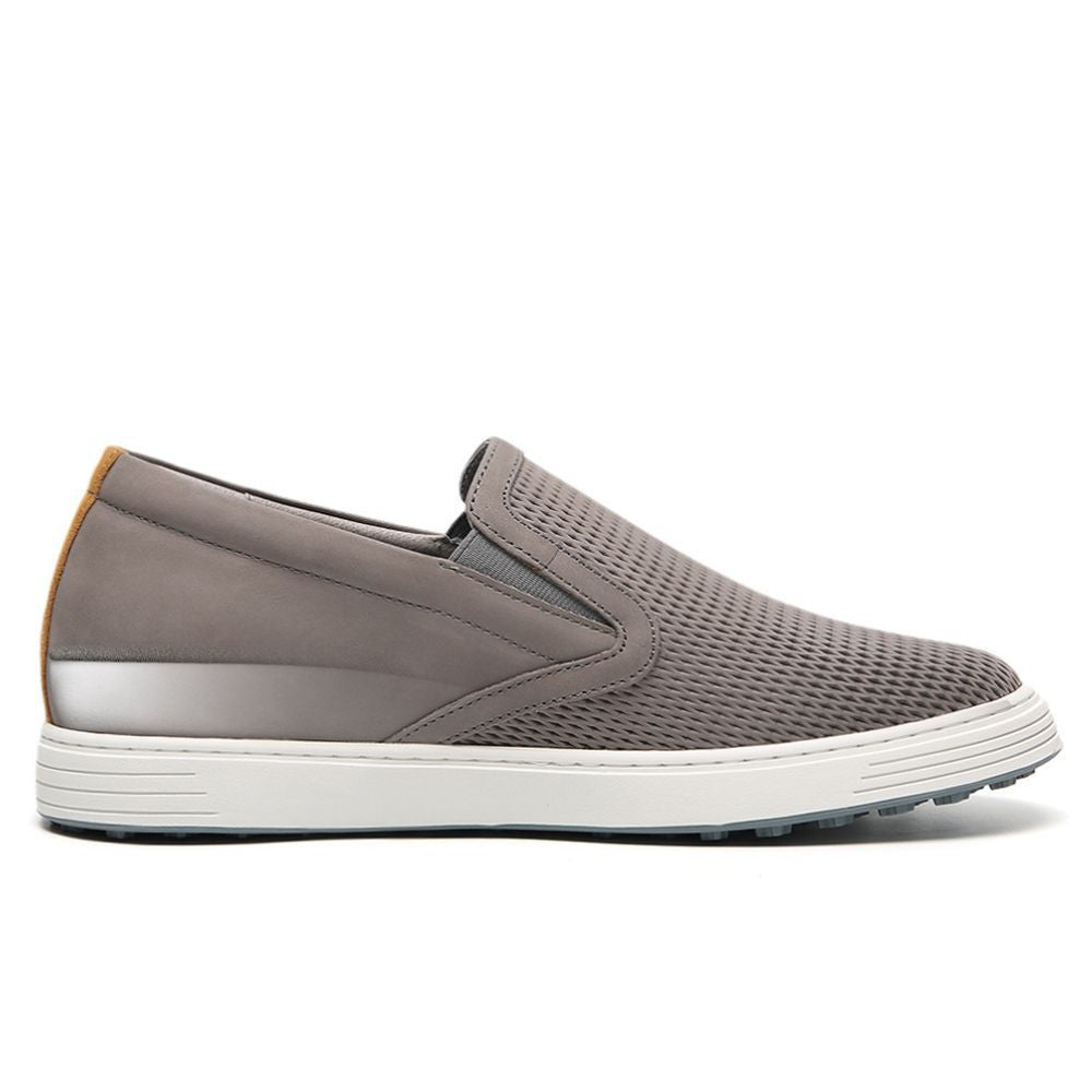 Mr. Schleiger grey leather men’s slip-on elevator sneakers with 6cm hidden lift and sleek skate-style design for casual and everyday wear.
