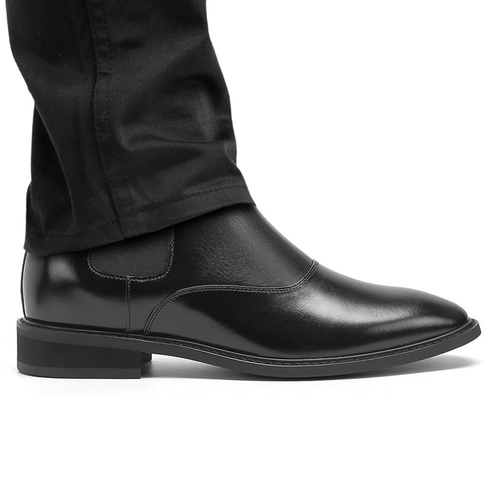 Elegant black dress boots with a slip-on design and hidden height boost