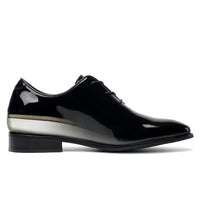 Black patent leather dress shoe with hidden insoles 7 cm taller