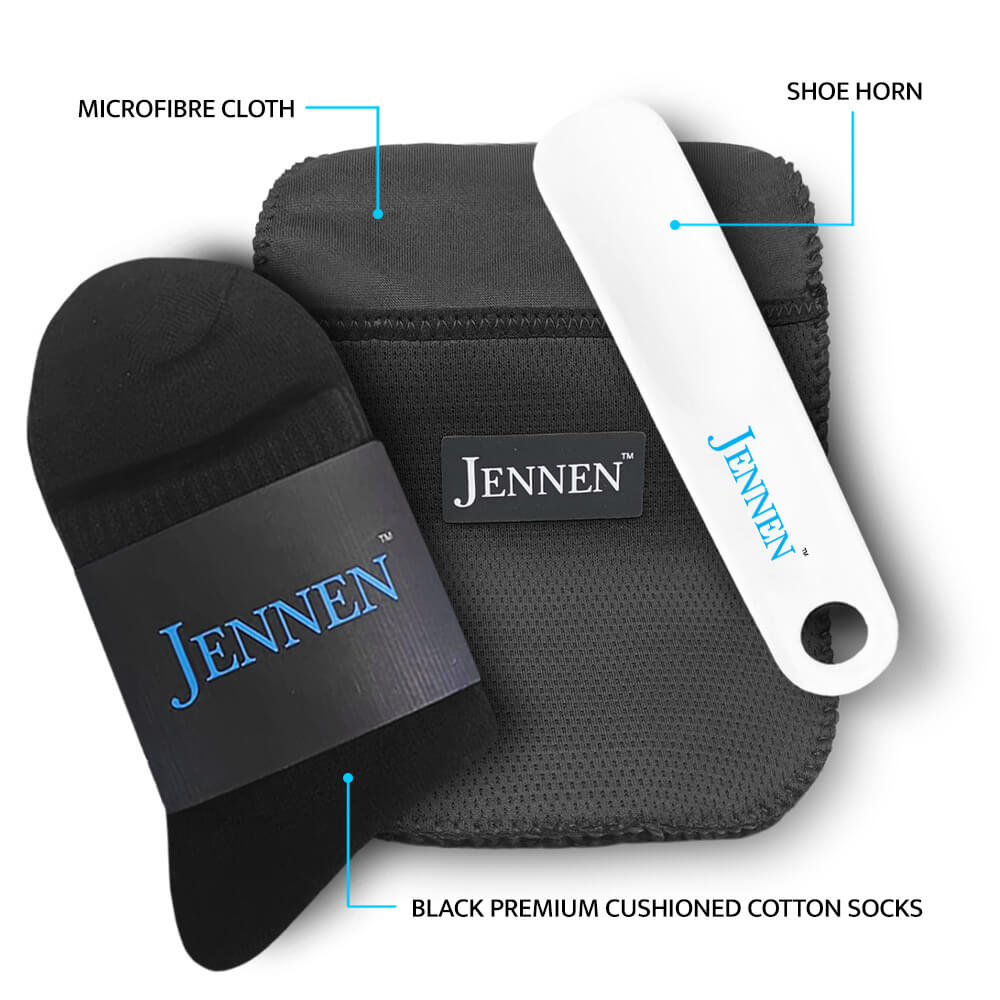 Premium Shoe Care & Comfort Kit | Shoehorn, Microfibre Cloth & Black Socks