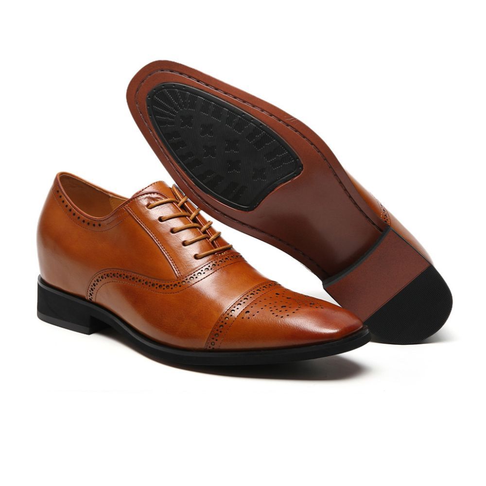 7cm taller Brown brogue men's leather shoes with hidden heel