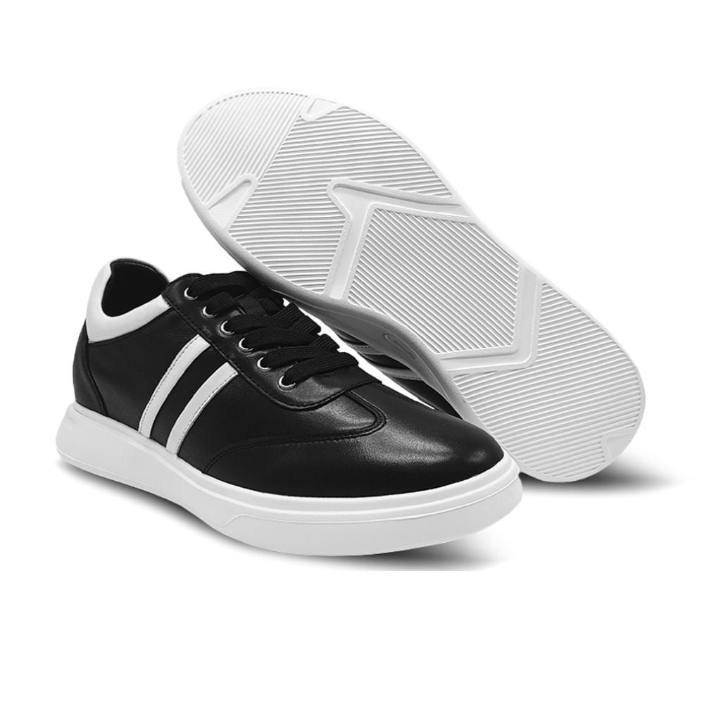 6cm taller Black casual sneakers with white stripes for men with hidden height insoles