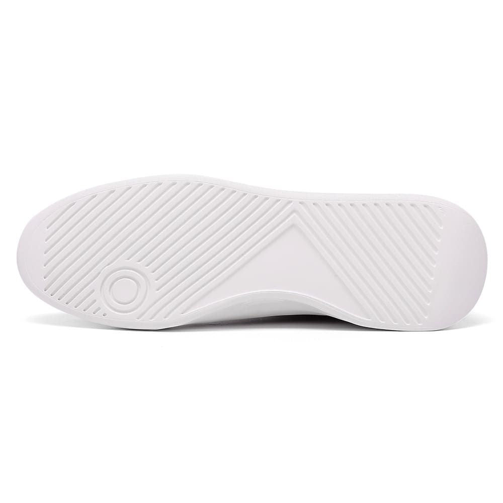 Red low-top elevator sneakers with clean white outsole and height boost