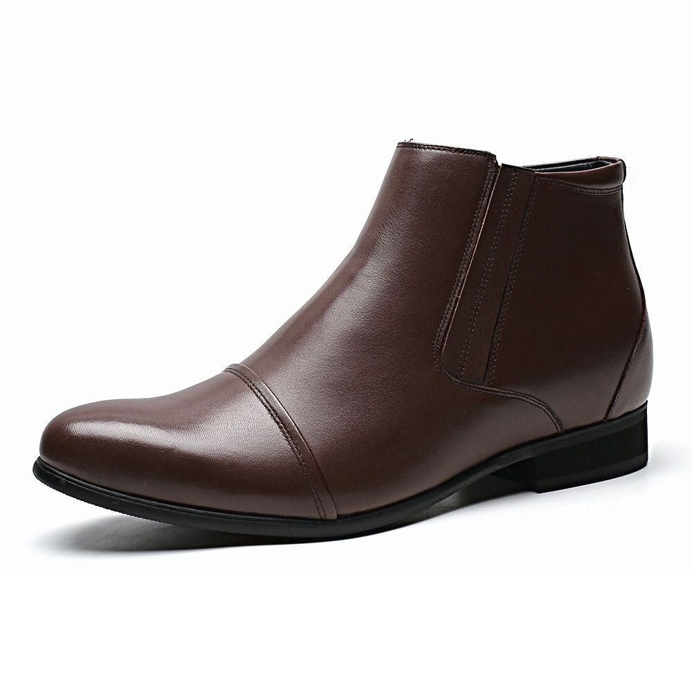 Overhead detail of men’s height-increasing formal boots made from premium grade cow leather with cushioned insole layer