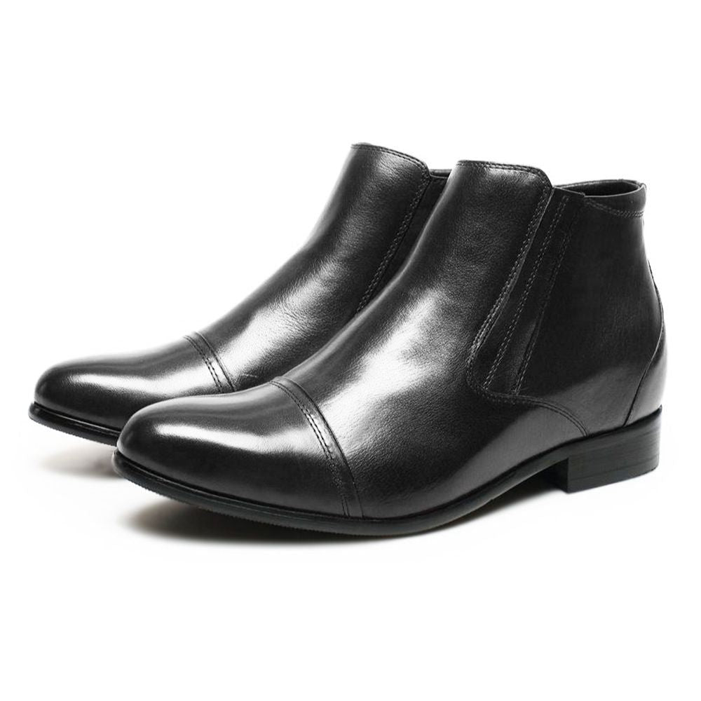 Pair of Mr. Ferras black leather elevator boots displaying formal style and hidden lift insole