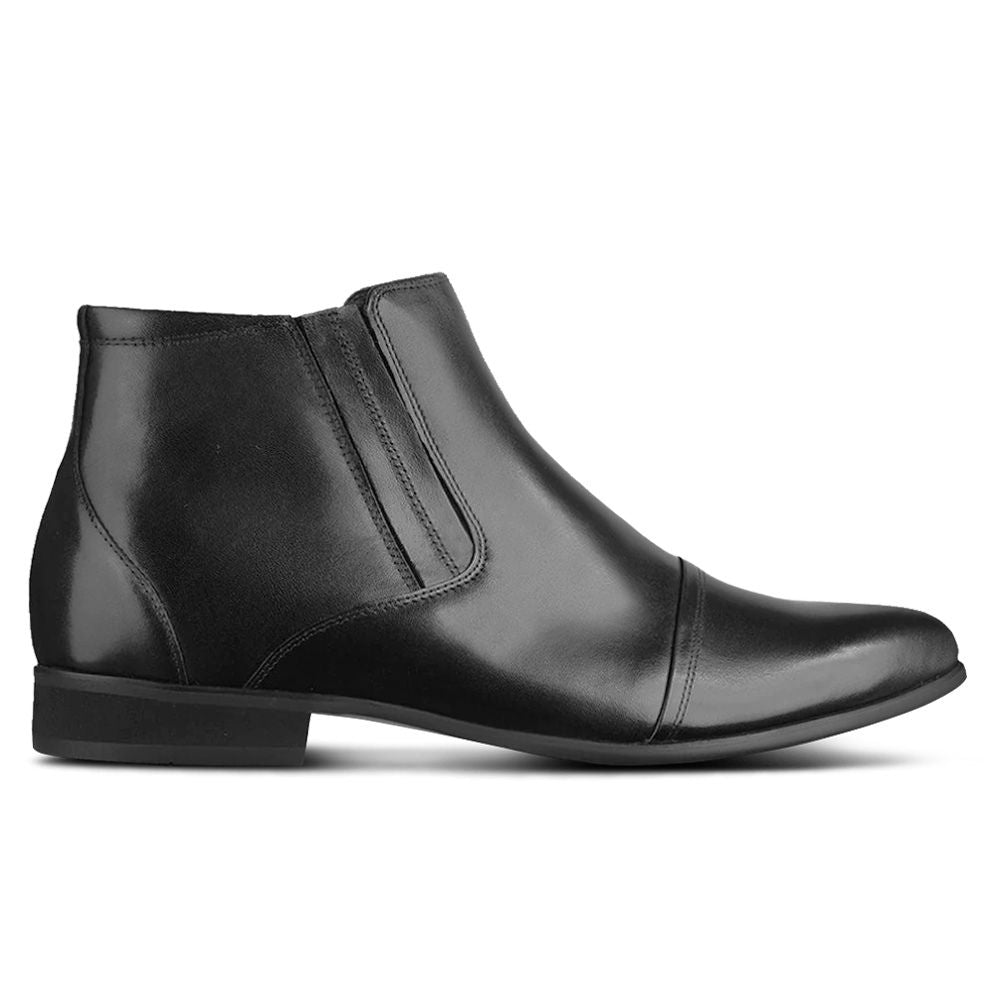 Side view of Mr. Ferras black vegan elevator boots showing 8 cm total height increase.