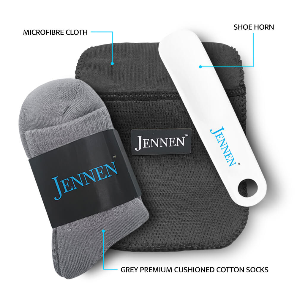 Premium Shoe Care & Comfort Kit | Shoehorn, Microfibre Cloth & Dark Grey Socks