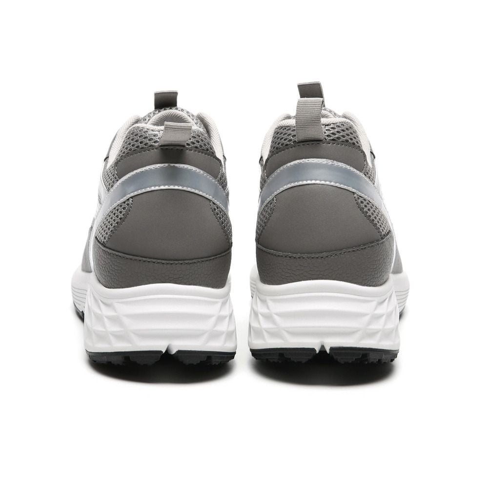 Back view of Mr. Gunther grey sports shoes showing pull tab, black outsole, and modern sporty design