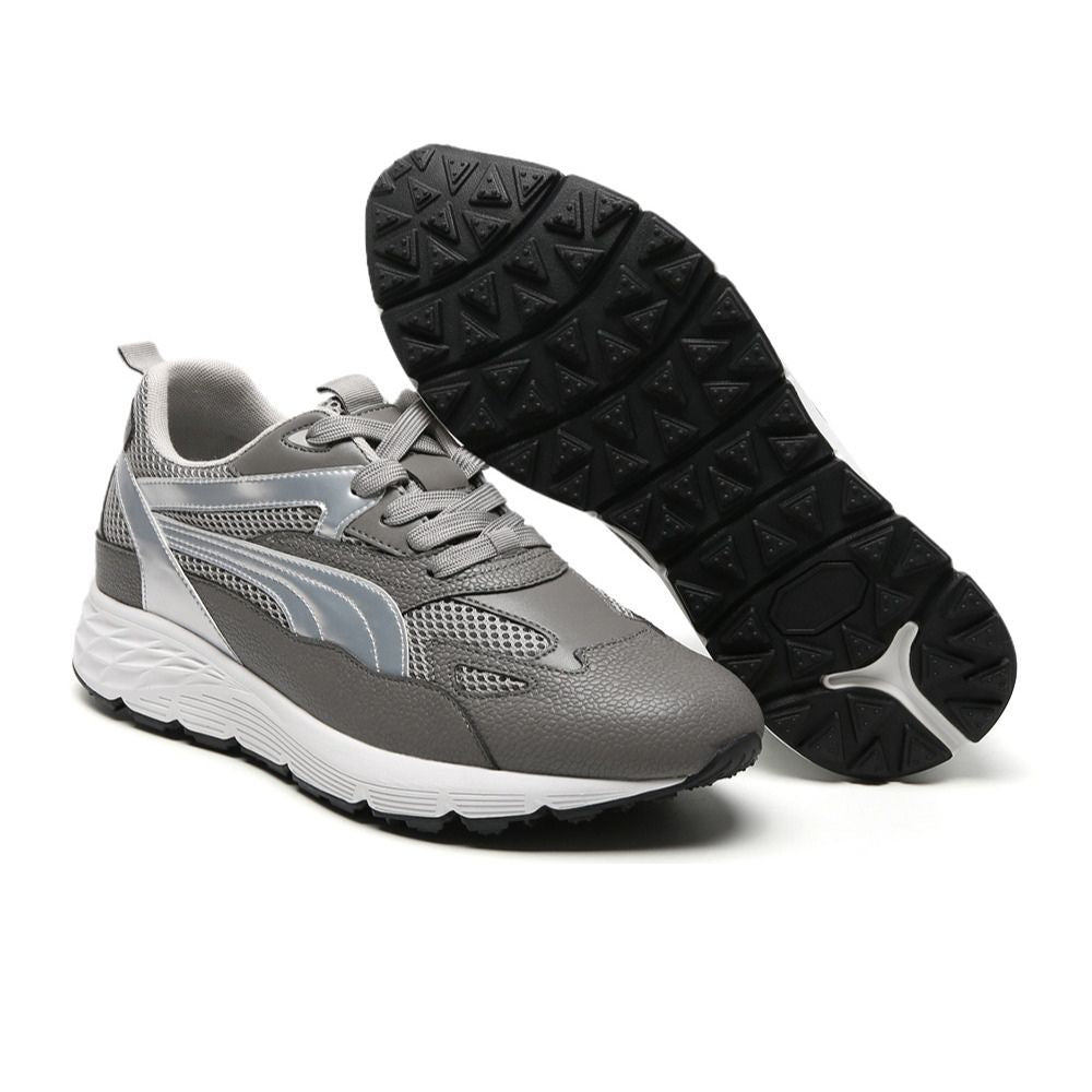 Pair of grey and white elevator sneakers that adds height