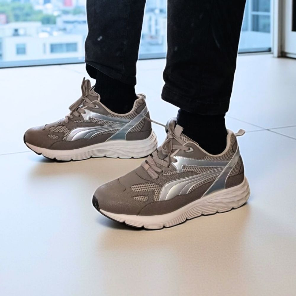 Left-side view of Mr. Gunther grey breathable sport shoes showcasing microfiber and mesh upper.