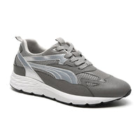Close-up of Mr. Gunther grey sports shoes showing mesh panels, microfiber upper, and rubber outsole