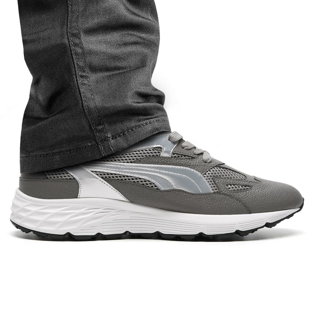Side view of Mr. Gunther grey sports shoes showing 8cm total height increase.