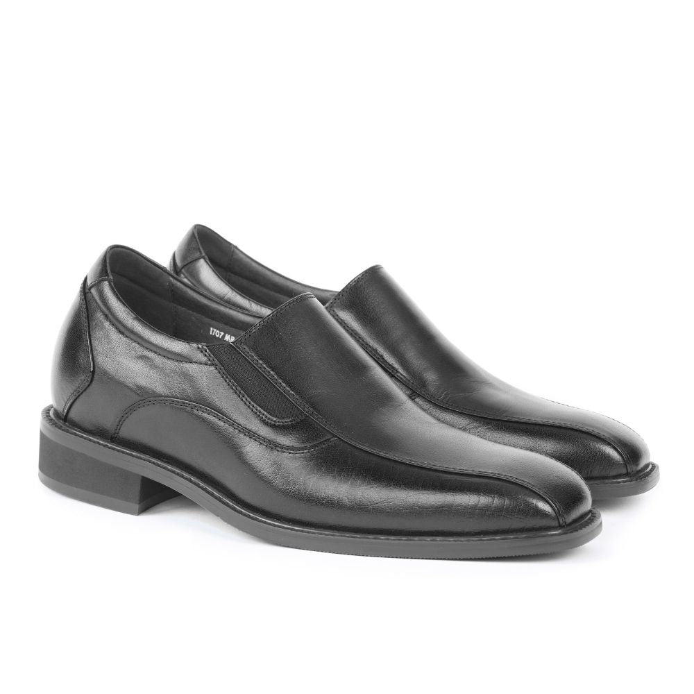 Mr. Haydn black elevator shoes for men—formal slip-on design providing discreet 7cm height boost and superior comfort.