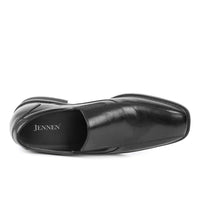 Elegant wide-fit black height-boosting shoes for men with hidden insole lift and non-compressing polyurethane comfort layer.