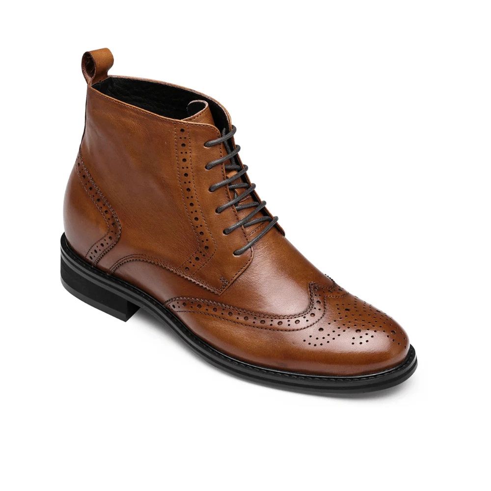 Stylish Men’s 7cm Height-Boosting Brown Brogue Boots with Hidden Lift and Visible 2.5cm Heel