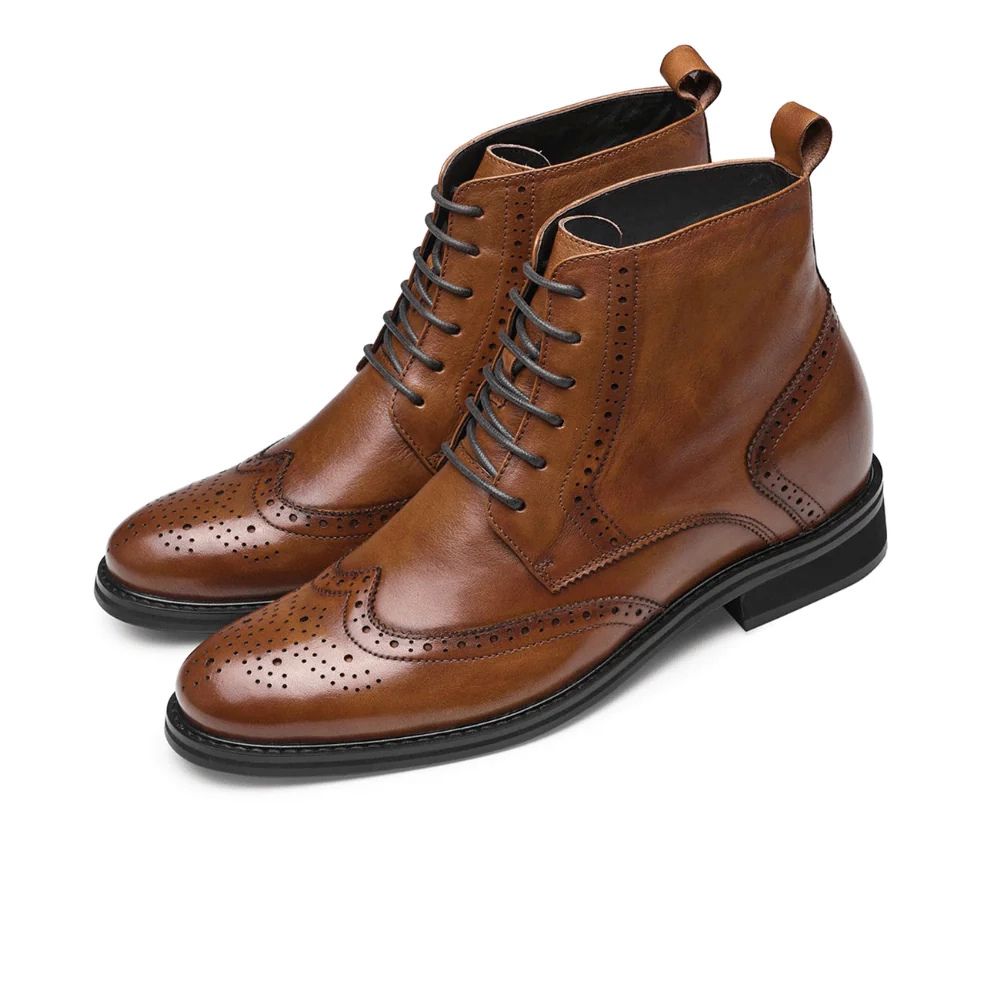 Mr. Ives Brown 7cm Height Elevator Brogue Boots Featuring Hidden Lift Insole and 6-Hole Lace-Up Design
