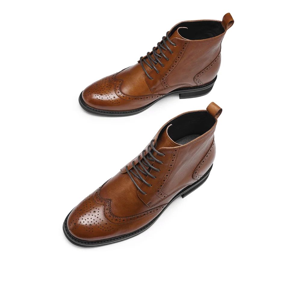 Casual Brown Height Elevator Boots for Men with Brogue Detailing and Hidden 4.5cm Insole Lift