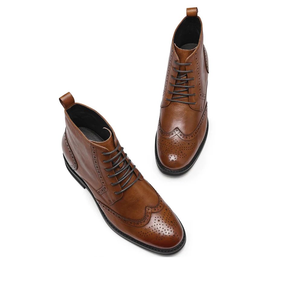 Brown Leather Height-Increasing Brogue Boots for Men – 7cm Total Lift with Polyurethane Insole by JENNEN