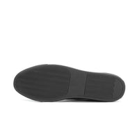 Back view of Mr. Jackie black suede sneakers showing visible heel and rubber outsole