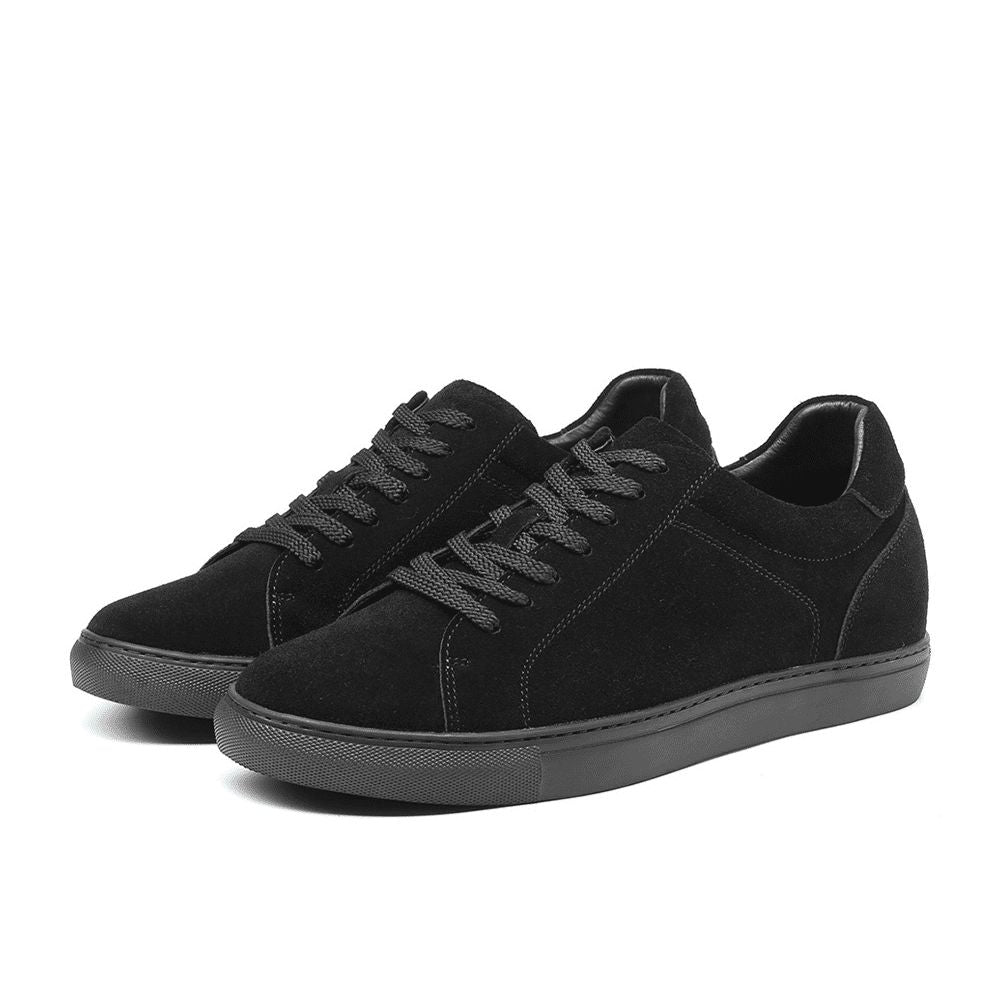 Pair of Mr. Jackie black suede sneakers displaying 7 cm hidden lift and modern casual style