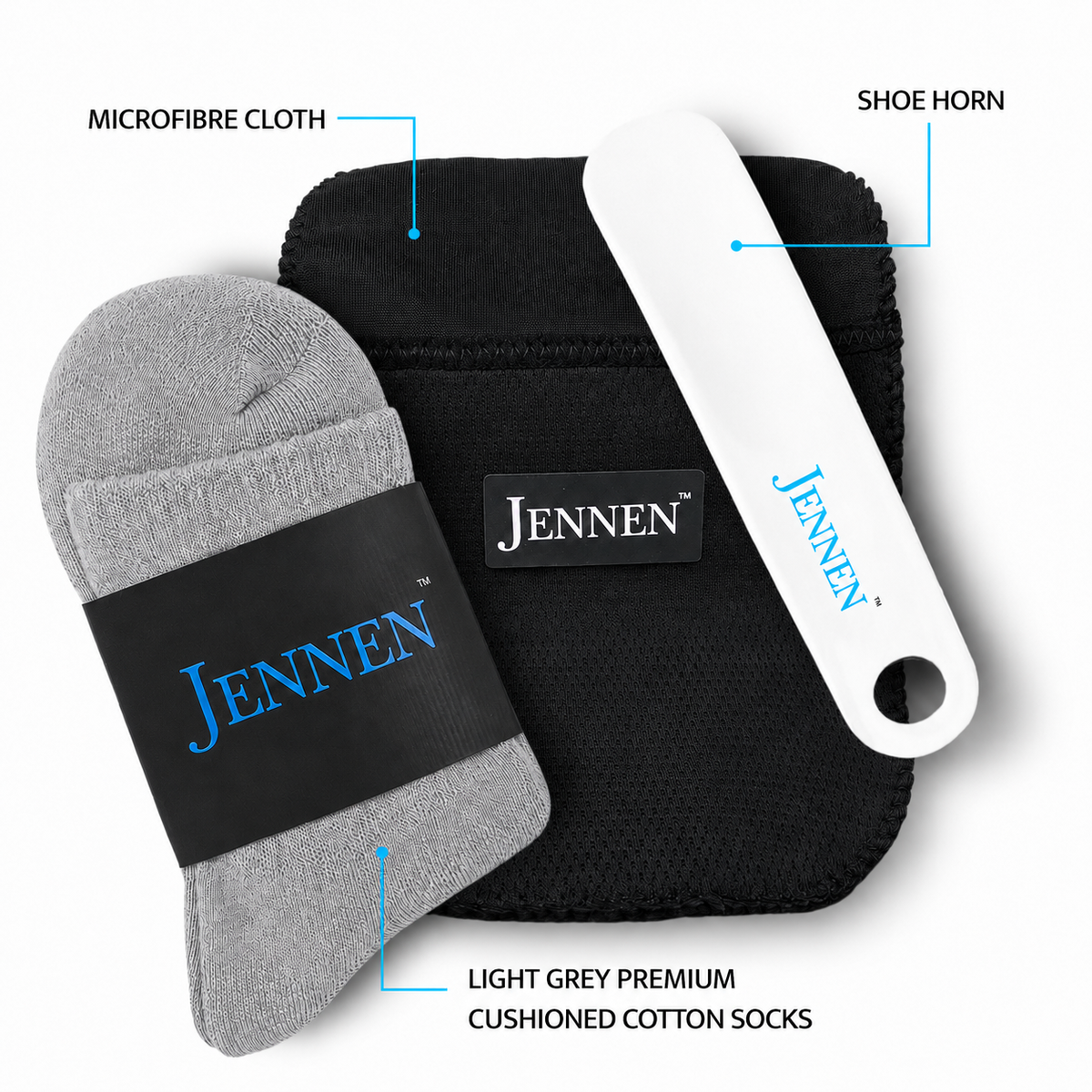Premium Shoe Care & Comfort Kit | Shoehorn, Microfibre Cloth & Light Grey Socks