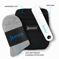 Premium Shoe Care & Comfort Kit | Shoehorn, Microfibre Cloth & Light Grey Socks