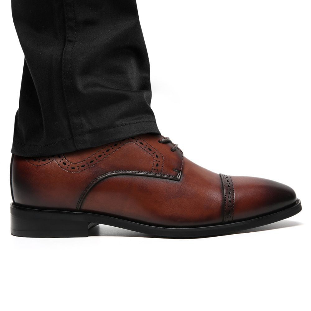 Mr. Mak two-tone brown Derby height-increasing shoes for men, crafted from premium cow leather with 7cm hidden lift, perfect for formal events and professional attire.
