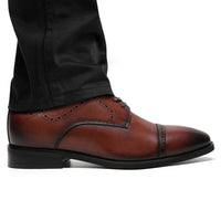 Premium leather Derby elevator shoes by JENNEN, dark brown with intricate brogue pattern and comfortable hidden heel insole for subtle 7cm height boost