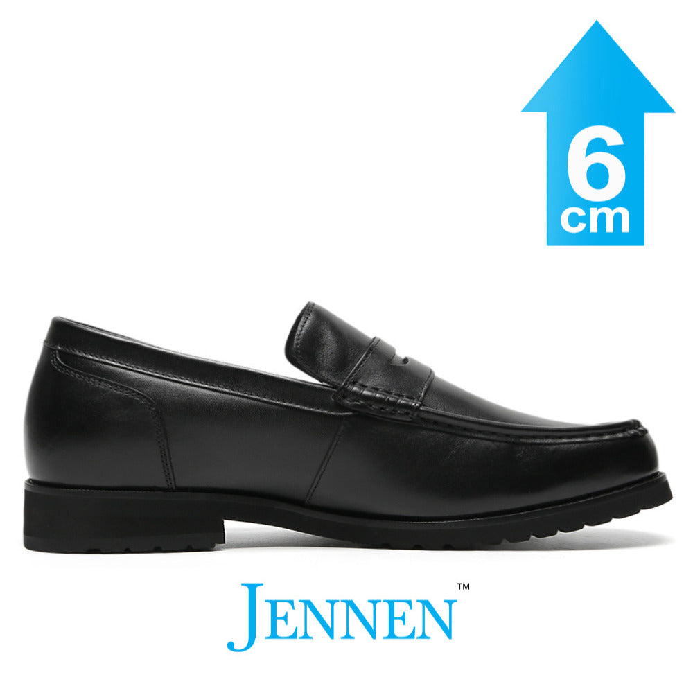 Mr. Dias Black 6cm | 2.4 Inches Black Penny Loafers  | Dressy Elevator Shoes with Hidden Heels for Men