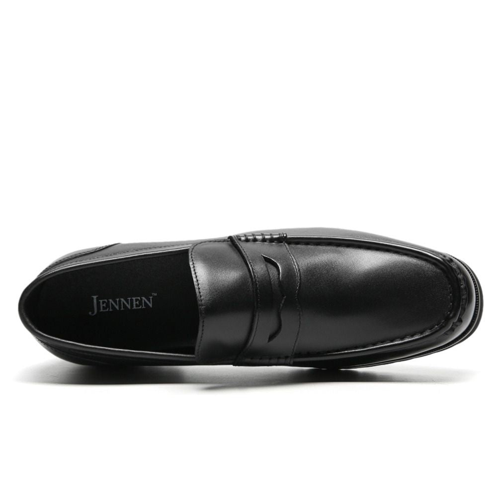 Men's Black leather penny loafer design with 7cm hidden heel