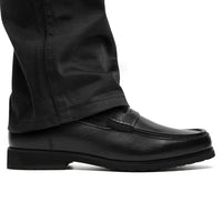 6cm taller Black leather loafer shoe worn with black pants