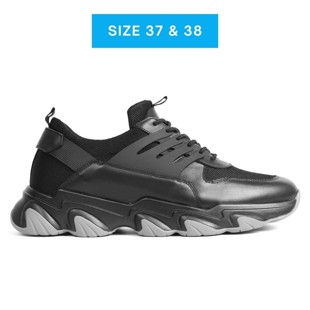 Mr. Shapiro height-increasing sneakers for men, black mesh and leather, 8cm elevator shoes for taller look.
