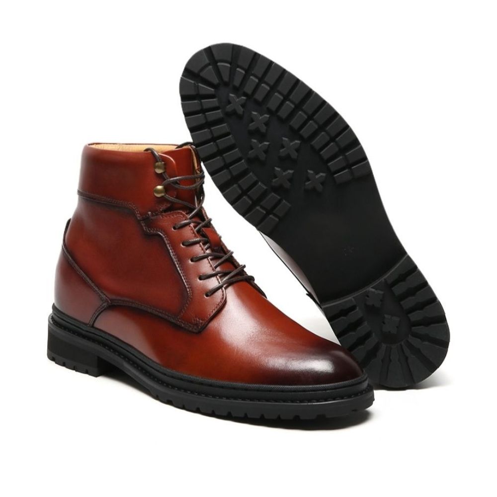 Trendy brown leather boots with height increasing heels