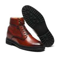 Trendy brown leather boots with height increasing heels