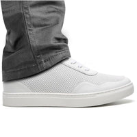 Classic all-white JENNEN sneakers with 6cm elevator height, breathable leather upper, rubber outsole, and cushioned insole for all-day comfort.