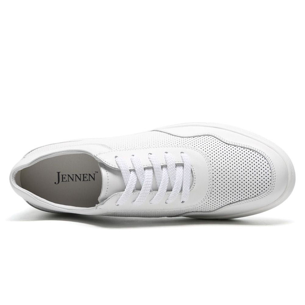 Men’s classic white elevator sneakers with minimalist design, rubber outsole, and built-in hidden heel lift for improved posture and confidence.