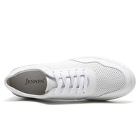 Men’s classic white elevator sneakers with minimalist design, rubber outsole, and built-in hidden heel lift for improved posture and confidence.