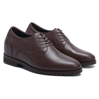 Rear view of Mr. Orwell brown elevator dress shoes highlighting 3.5cm visible heel and concealed hidden lift for discreet height enhancement and improved posture.