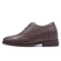 Close-up of premium brown leather upper on Mr. Orwell men’s 10cm height-increasing formal shoes, showing sleek craftsmanship and elegant finish.