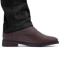 Side view of Mr. Orwell 4-inch elevator shoes in brown, featuring rubber outsole, built-in 6.5cm hidden insole, and non-compressing JENNEN cushion for comfort.