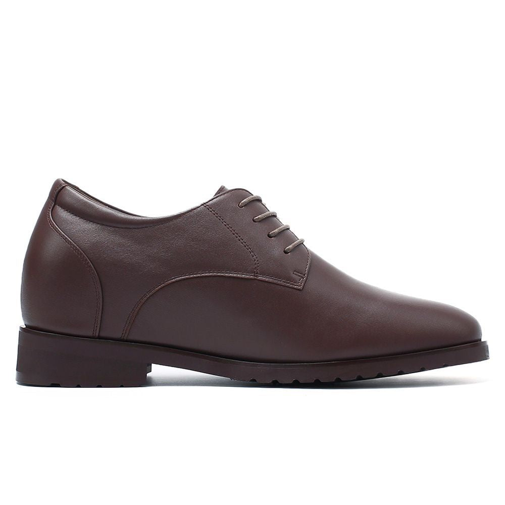 Mr. Orwell brown leather men’s height-increasing dress shoes with 10cm hidden lift, lace-up design, and premium cow leather for formal and semi-formal occasions.