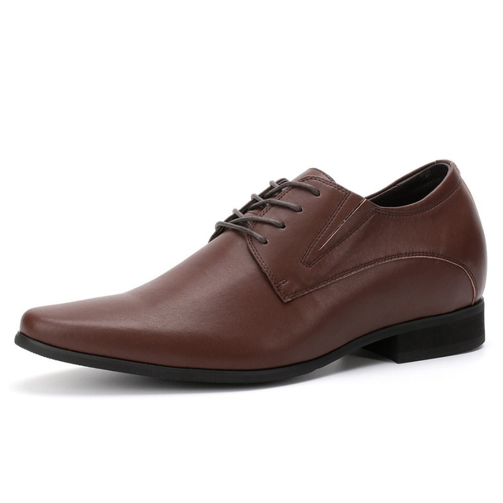 Men’s brown formal elevator shoes made from premium vegan microfibre featuring discreet 8cm height boost and durable rubber outsole.