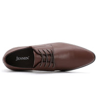 Stylish brown elevator dress shoes for men combining premium vegan materials, 8cm total height increase, and timeless elegance.