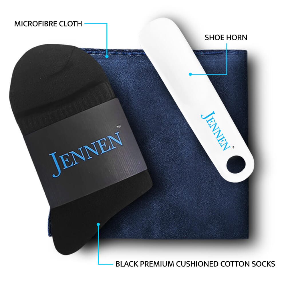 Premium Shoe Care & Comfort Kit | Shoehorn, Microfibre Cloth & Black Socks