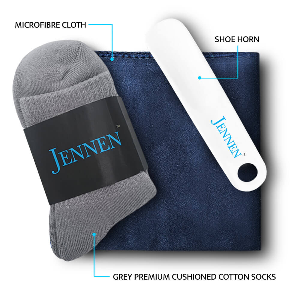 Premium Shoe Care & Comfort Kit | Shoehorn, Microfibre Cloth & Grey Socks