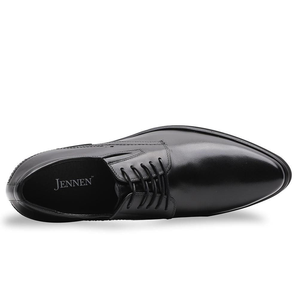 Interior view of Mr. Rachmaninoff black dress shoes for men, featuring non-compressing JENNEN cushion, hidden insole lift, and breathable leather lining.